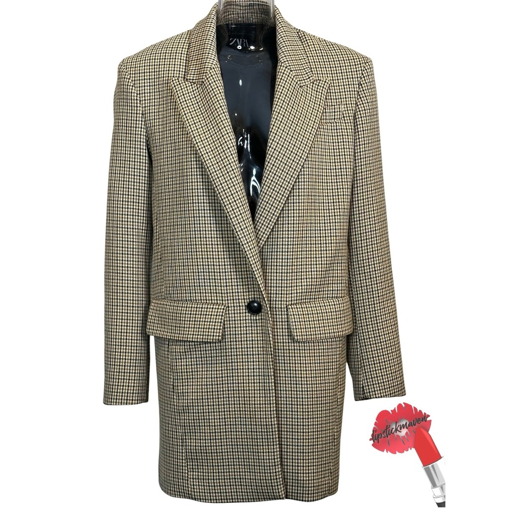 Zara Blazer Women Small Long Coat‎ Dress Houndstooth Oversized Notched Lapels